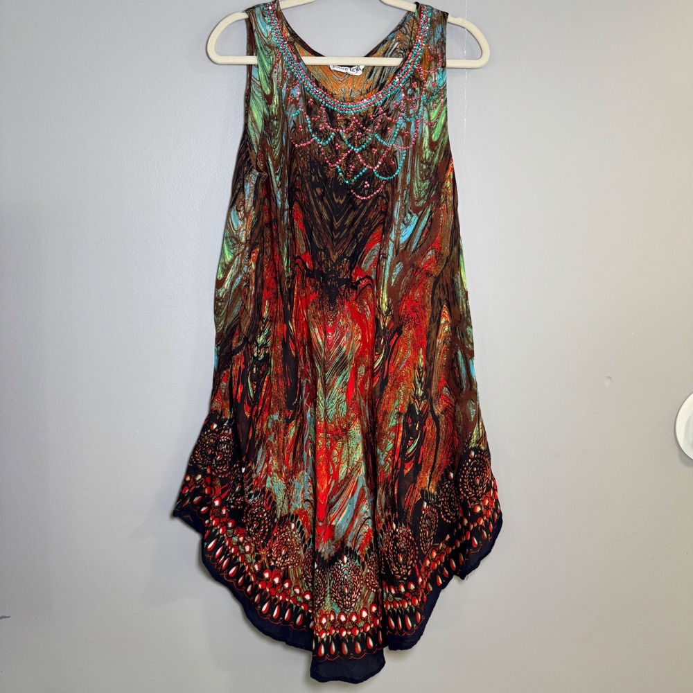 Jessica Taylor One Size Abstract Sharkbite Tunic Dress Rhinestone Embellished